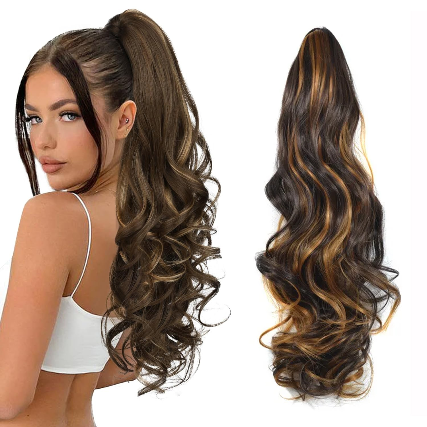 24inch Synthetic Multicolor Horsetail Extensions Very Long And Fluffy Wavy Heat Resistant For Women Curling Pieces: T4/27/30