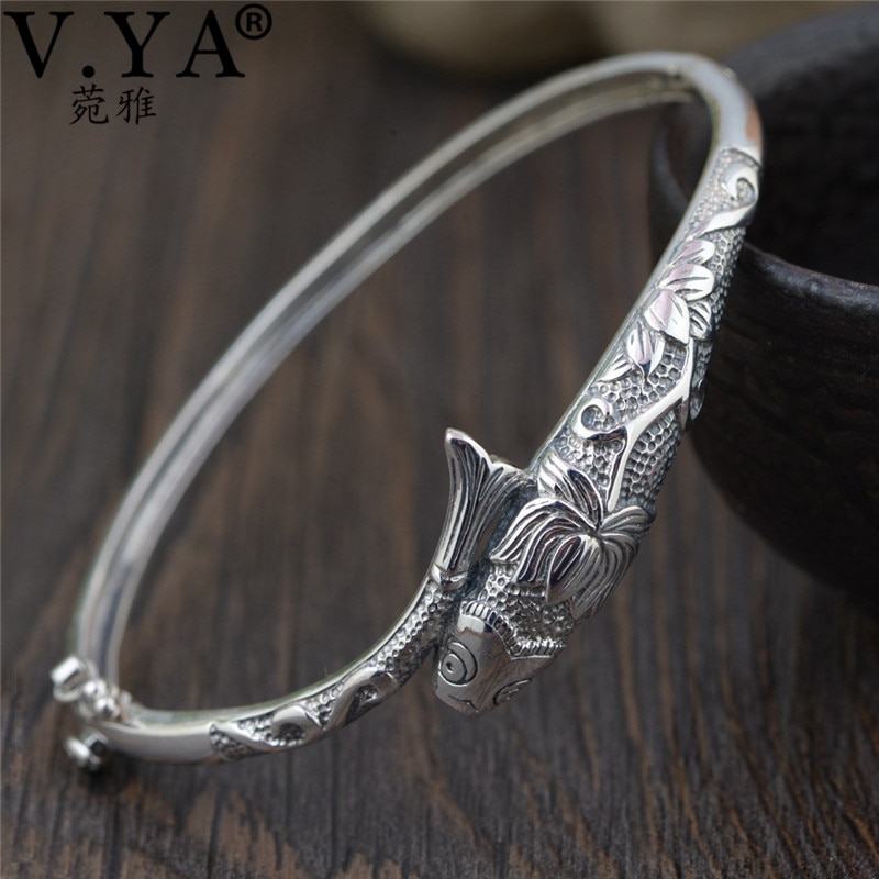 V.YA Thai Silver Vintage Bangles Fish Bracelets for Women 925 Sterling Silver Jewelry Unique Toggle-clasps 56MM