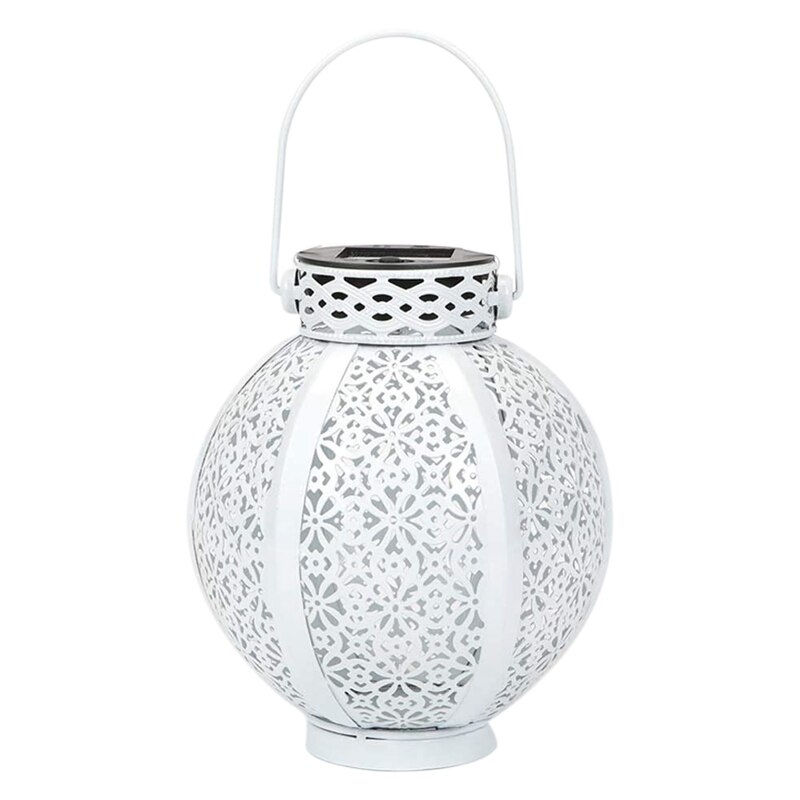 2 Pack Hanging Solar Lantern Metal Led Table Lamp Outdoor Solar Hollow-Out Lights with Handle, 6 Lumens, White