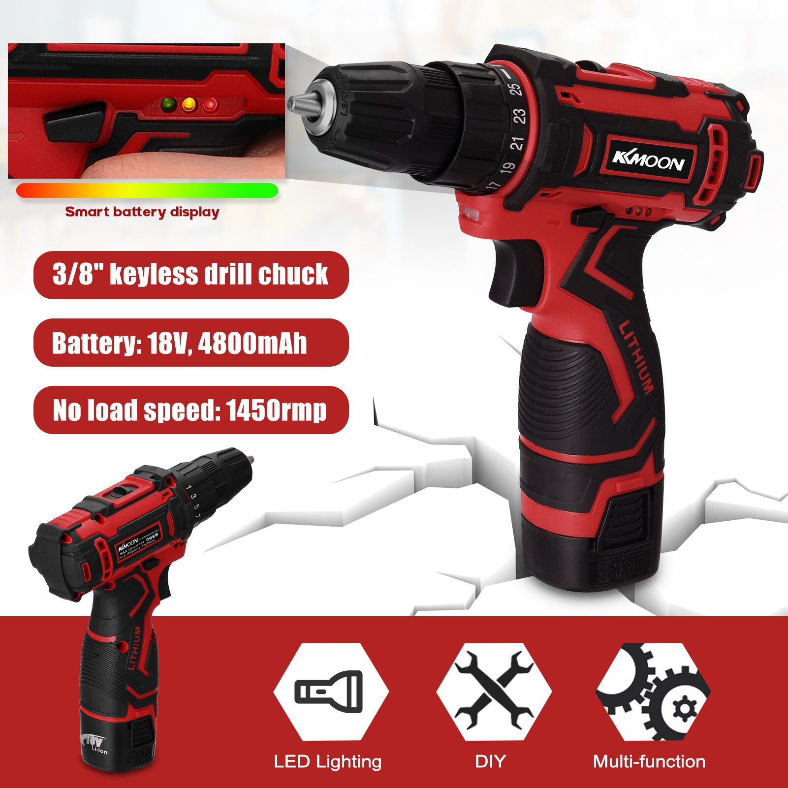 21V Electric Cordless Drill High-power Lithium Battery Wireless Rechargeable Hand Drills Brush Motor DIY Electric Power Tools
