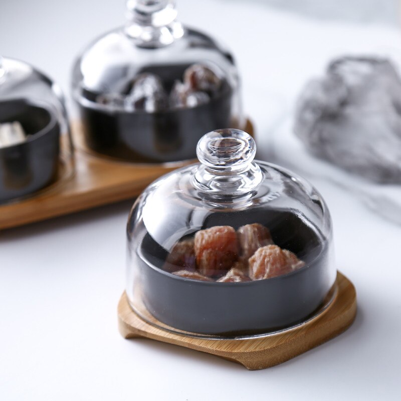 Nordic Ceramic Dessert Bowl Snack Dish Taste Fruit Plate Salad Ice Cream Bowl with Bamboo Tray Glass Cover Tableware