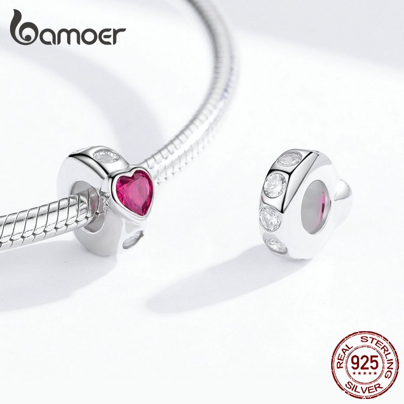 Bamoer 925 prata esterlina coração anéis contas para as mulheres prata charme pulseiras cz pedra diy jóias fazendo acessórios bsc123