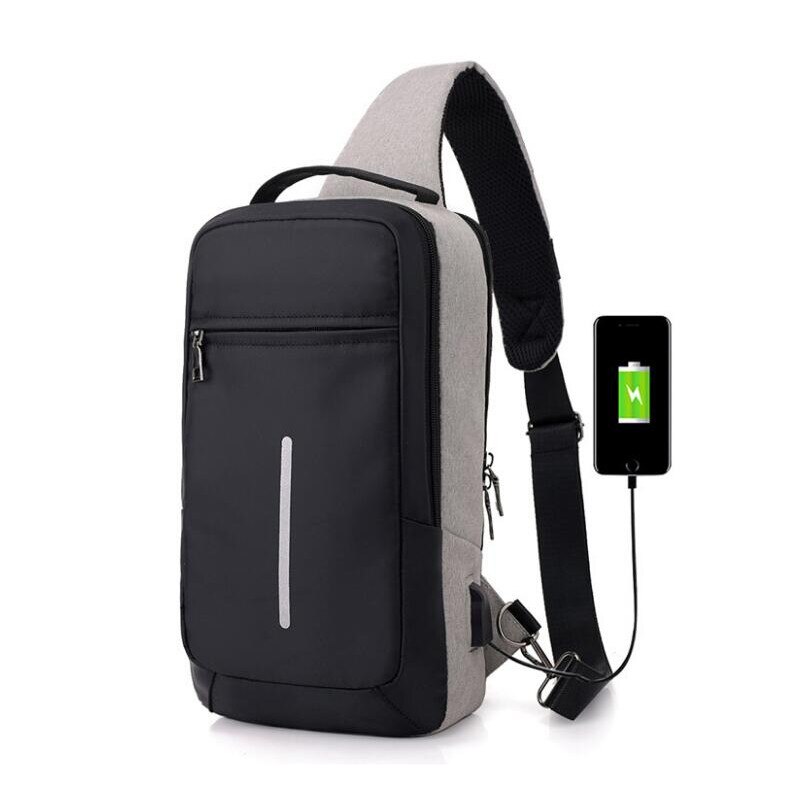 male small travel bag sling chest bag usb charge men messenger bags waterproof mini cross body bags women shoulder bag bagpack: light grey