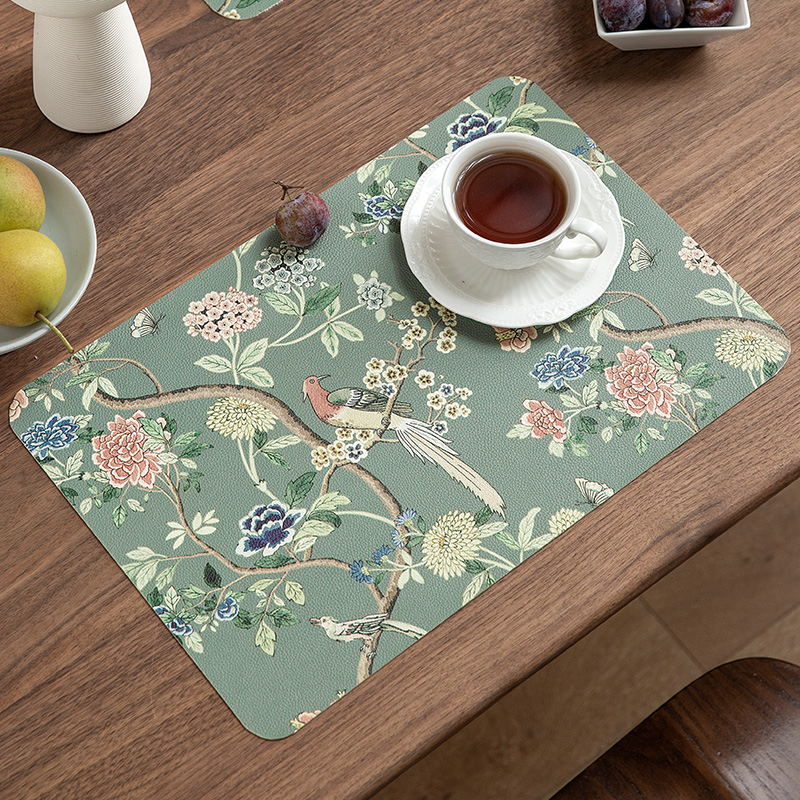 Heat Resistant Table Mats Set of 2, Hydrangea Faux Placemats, Floral Bird, Chinese Style, Digital Printing for Party Family
