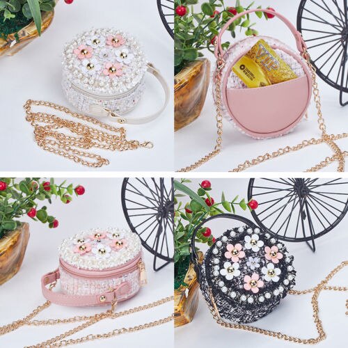 Cute Kid Girl Princess Handbag Sling Shoulder Bag PU Round Messenger Crossbody Purses Beading Stylish Zipper Wallets