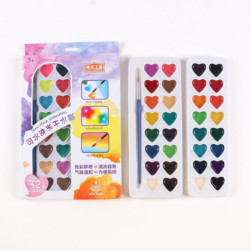 Pół-wilgotne akwarele zestaw z pędzlem kształt serca zmywalne pół suche akwarele dla dzieci 16 kolorów 24 kolory 32 kolory