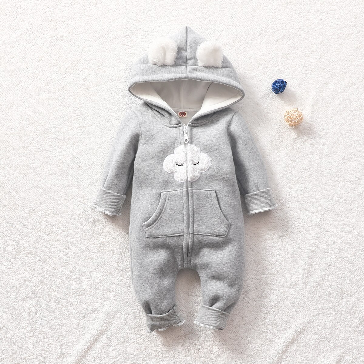 Ropa de otoño para niños pequeños, mono abierto con cremallera de manga larga con capucha polar con patrón de dibujo de nube para bebés Niñas, Niños