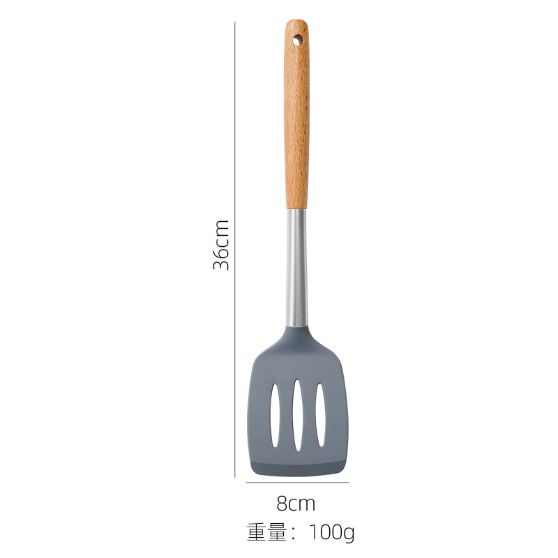Silicone Kitchen Utensils Wooden Handle Non Stick Pot Kitchenware Cooking Set Heat-resistant Soup Spoon Pasta Colander Shovel: Light Grey