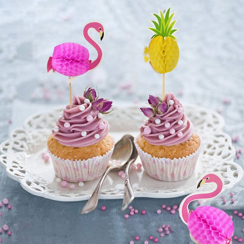 20pcs Summer Hawaiian Party Flamingo Pineapple Cake Topper Cupcake Toppers Decor Food Fruit Picks Aloha Cake Decorating Supplies
