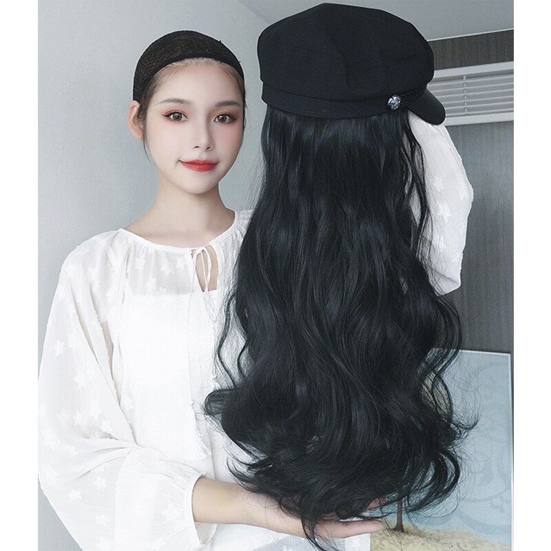 MUMUPI-Peluca de sombrero extensible para mujer, gorro de marinero sintético liso con cabello largo, peluca integrada, extensión de cabello adecuado para
