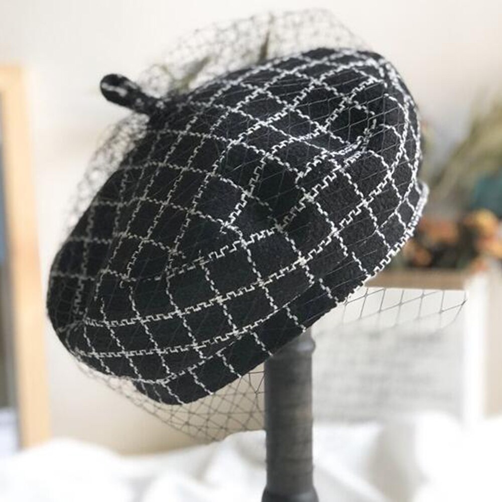 JOEJERRY Wol Baret Vrouwelijke Franse Hoed Tweed Baret Plaid Hoed met Sluier Voor Bruiloft