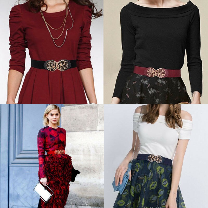 frauen Dame metallisch retro Blume Elastische dehnbar Kleid Schmale Taille Gürtel Band verrotten Blau Schwarz Weiß Rosa