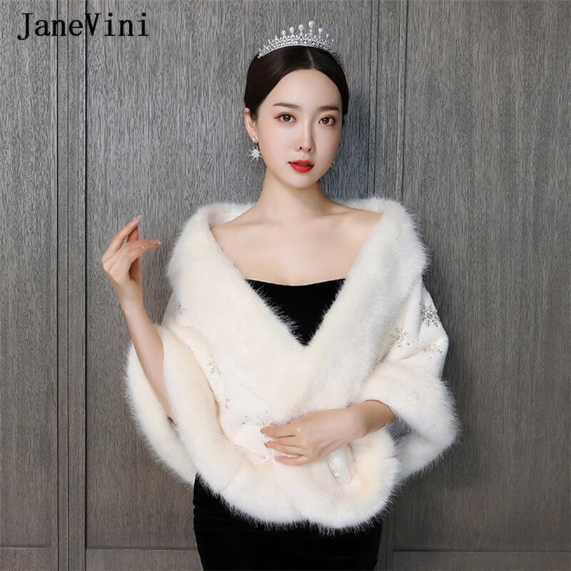 JaneVini Faux Fur Wrap Warm Shawl Winter Wedding Cover Up Stole Bridal Accessories Light Champagne Cape Shrugs for Women