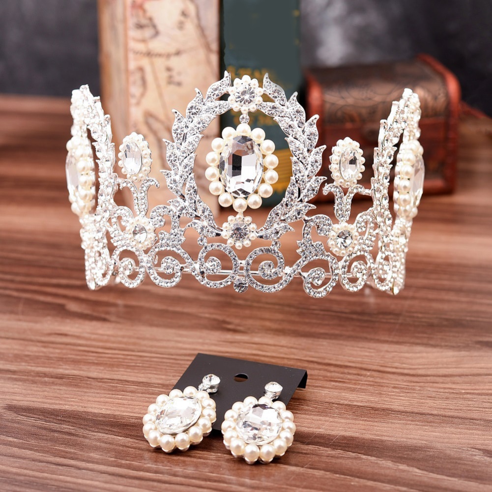 Barokk rhinestone faux perle krone tiara øredobber luksus stil romantisk fest bryllup smykkesett