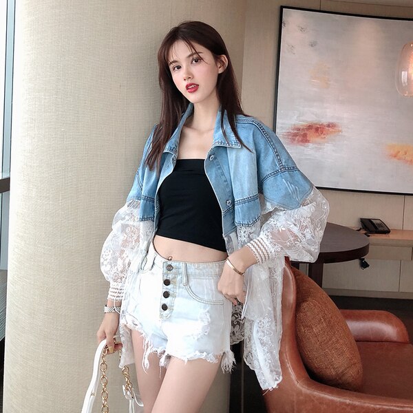 Chaqueta vaquera de manga larga para mujer, abrigo holgado con costuras de encaje, perspectiva, para verano