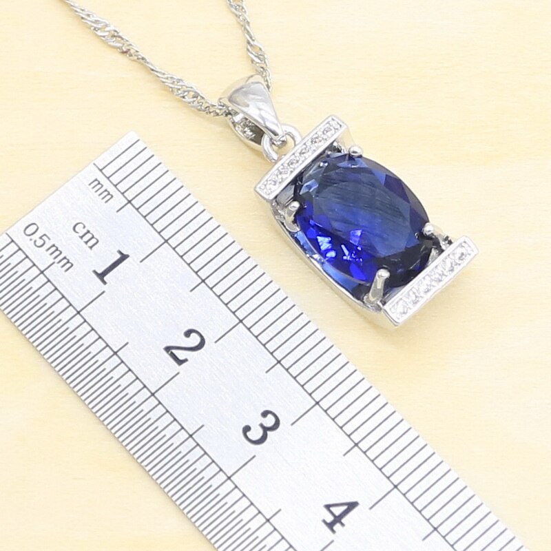 Silver Color Jewelry Sets For Women Blue Semi-precious Earrings Necklace Pendant Rings Free Box