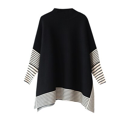 Kvinner vårsvart poncho julegenser med rund hals genser kappe batwing gensere dame cape coat: Svart