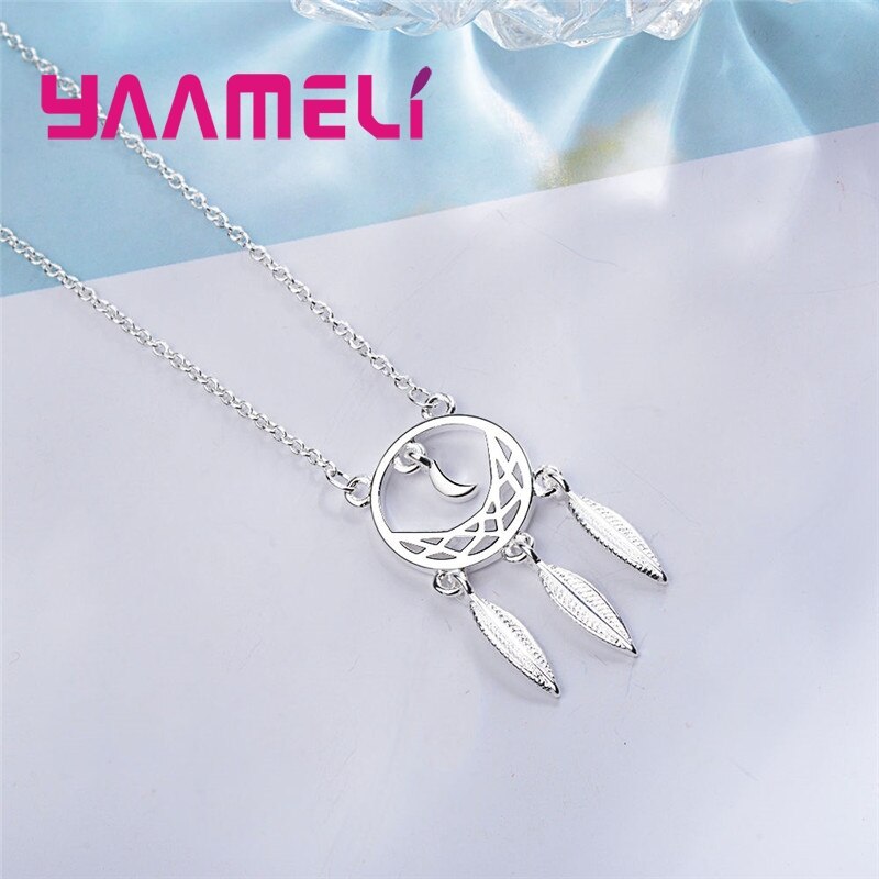 Moon Leaves Pendant 925 Sterling Silver Necklace 18" Chain For Woman Girls Banquet Accessories