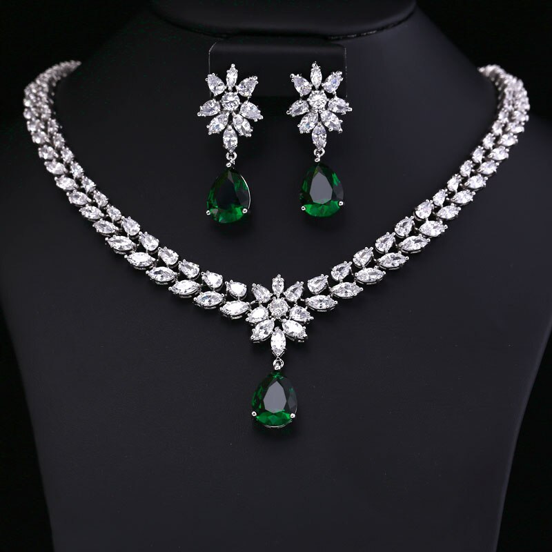 Kleur BESTE BRILLIANT CRYSTAL ZIRKOON OORBELLEN EN KETTING SIERADEN SET TROUWJURK ACCESSARIES