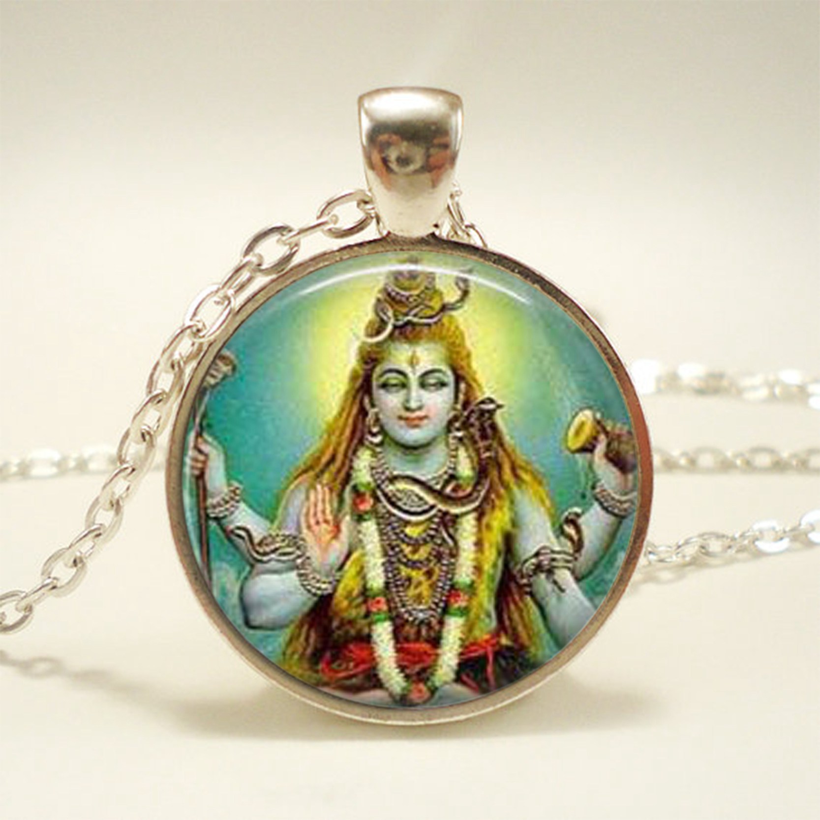 Krishna and Radha Amulet Necklace Glass Cabochon Jewelry Silver Chain Lakshmi Pendant Hinduism Shiva Necklace for Women: 7