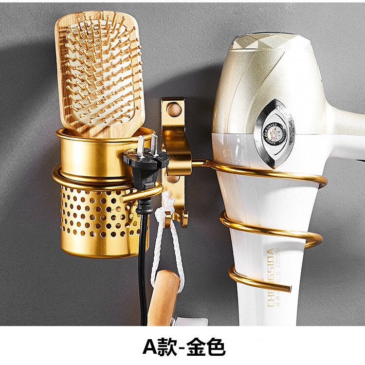 Gold Hair Dryer Holder Space Aluminium Bathroom Wall Shelf Hair Dryer Rack with Basket bathroom shelves Bathroom Accessories: A-gold