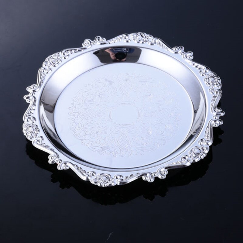 Golden Cocktail Coaster Metal Exquisite Cake Tray Set Dishes Rack Set Vintage Zinc Alloy Silver Plated Mat Placemat Snack Tray: 1pcs Silver dish