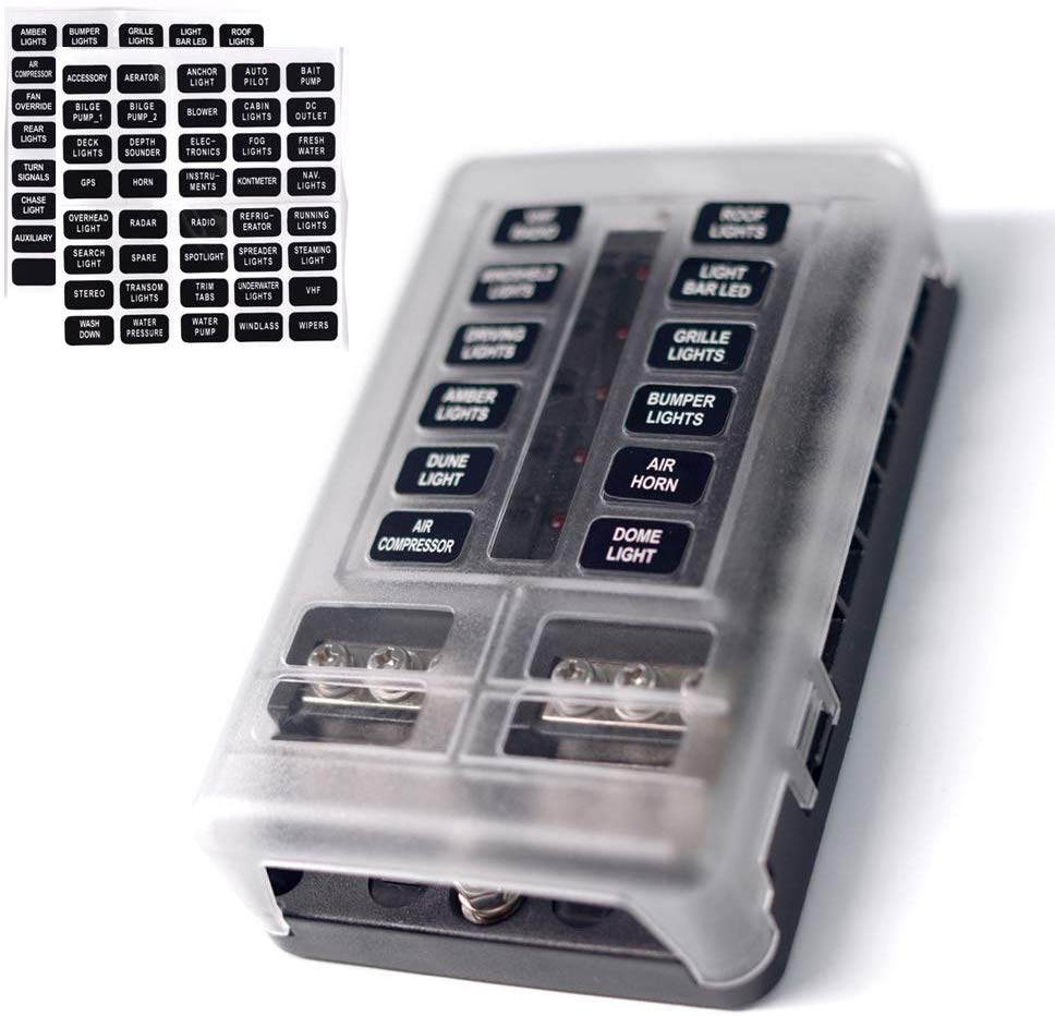 12-Way Fuse Block W/Negative ATC/ATO Fuse Box With Ground, LED Light Indicator & Protection Cover, Bolt Connect Terminal