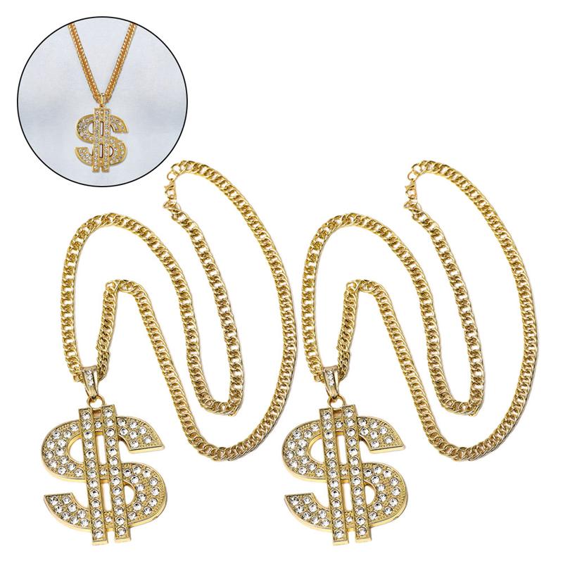 2 Pcs Pretend Play Toy Hip Hop Costume Rapper Accessories Dollar Sign Gold Chain Ring Alloy Plating Necklace For Party (Golden)