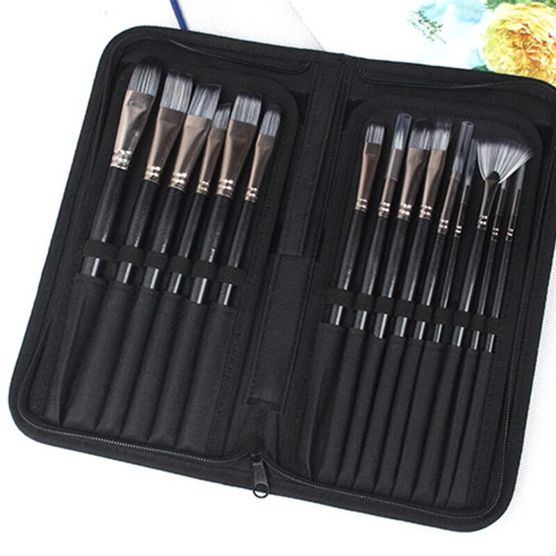 Set van 15 olieverfkwasten, zwarte canvas tas met rits, schraper, spons en opbergdoos, aquarel-acrylpalet