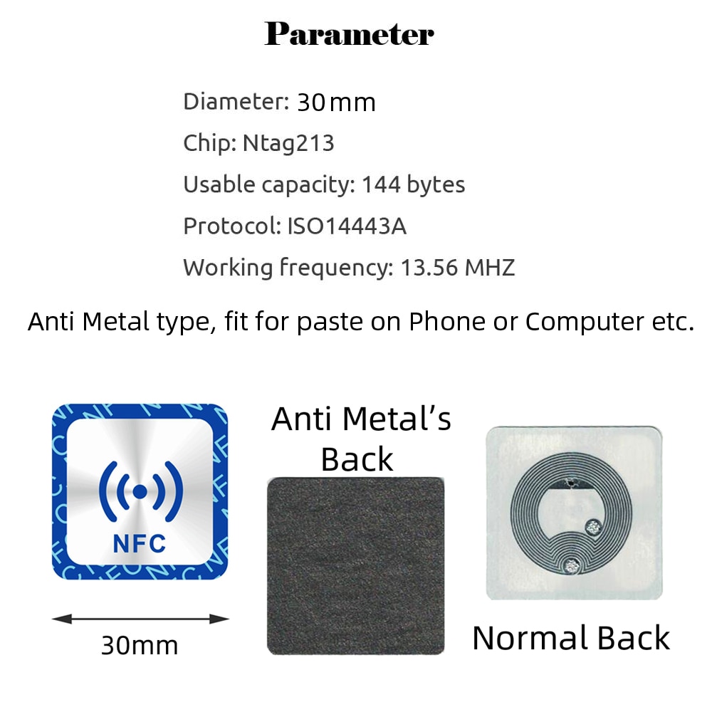 6 stk / lot nfc tags klistermærker nfc 213 anti metal rfid metallisk klæbemærkat klistermærke universal lable nfc 213 tag til alle nfc telefoner