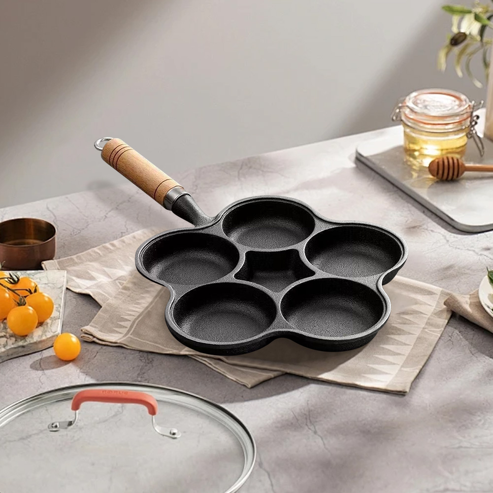 5-ronde gaten eierkoekenpan gietijzeren kookgerei pannenkoekpan creatieve ontbijtgrill kookpot voor gasfornuis inductiekookplaat