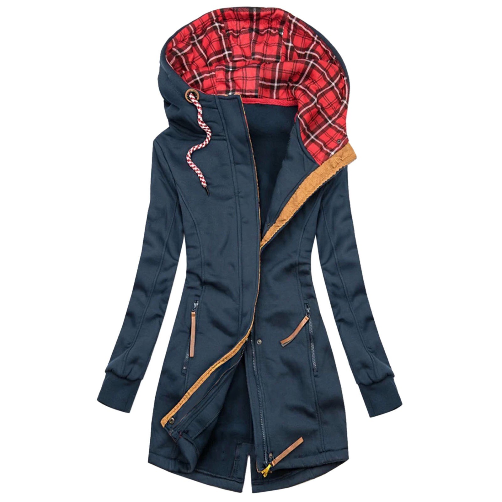 Ladies Long Sleeve Coat Mujer Autumn Women Plaid Print Jacket Zipper Pocket Outwear Female Coats Kobieta Kurtka #T2G: Navy / S