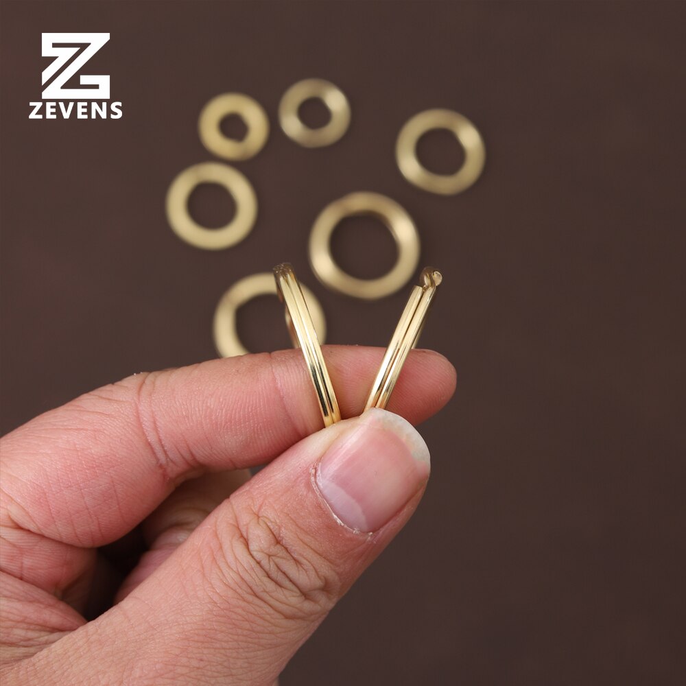 ZEVENS 10 pcs Solid Brass Key Ring Round Flat Style 15-30mm Double Loop Round Ring For Leather Craft DIY Handware