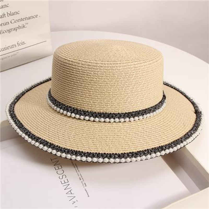 Sombrero panamá de paja con cadena de perlas de verano para mujer, gorra plana Anti-UV de ala ancha para el sol, accesorio de playa para niña Chapeu Girl Topee: Verde militar