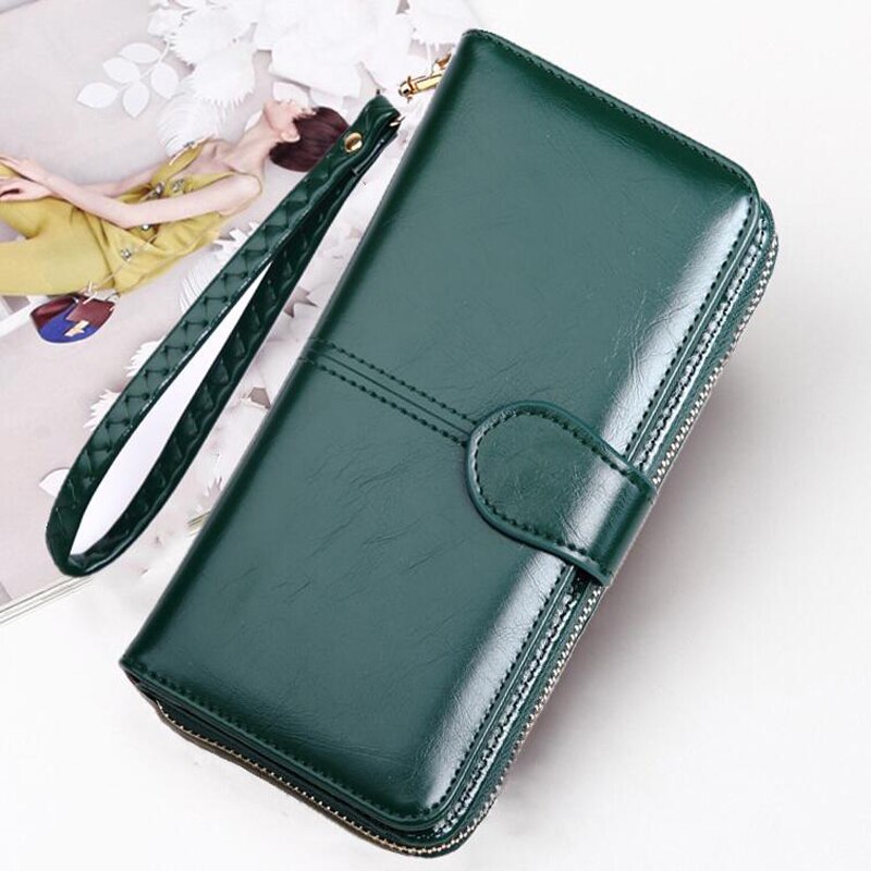 Leather Women Long Zipper Oil Wax Wallet Big Capacity Hasp Zipper Purse Ladies Long Wristlet Clutch Coin Card Holders Portomonee: green