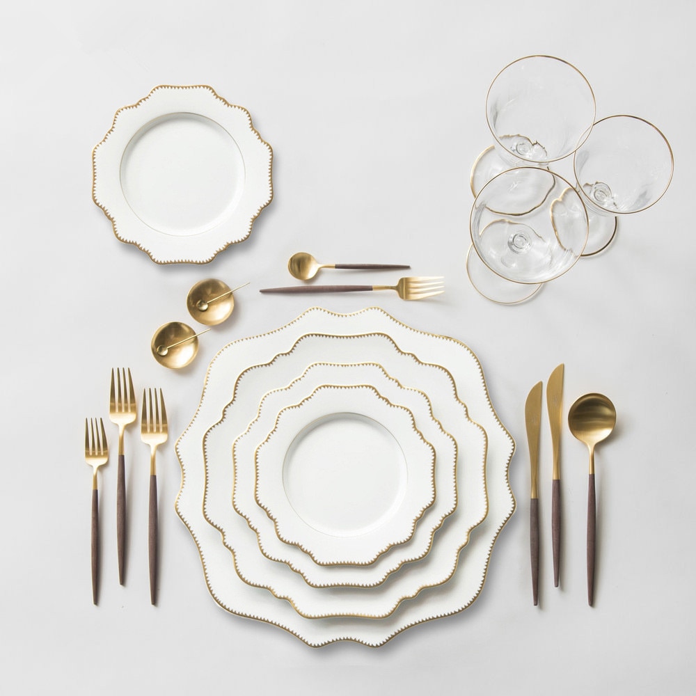 product-light luxury 4 piece set hotel wedding tableware set Dinner plates white 24K Phnom Penh flower-shaped Ceramic Plate