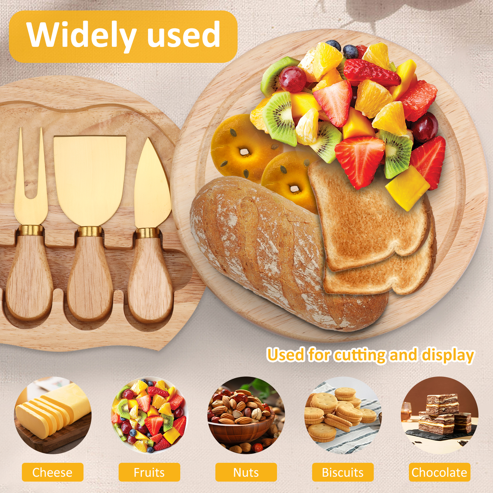 Kaasplank Set Houten Charcuteriebord met Kaassnijder en Vork Fruit Veggie Serveerschaal Keukengadget Dessertbord