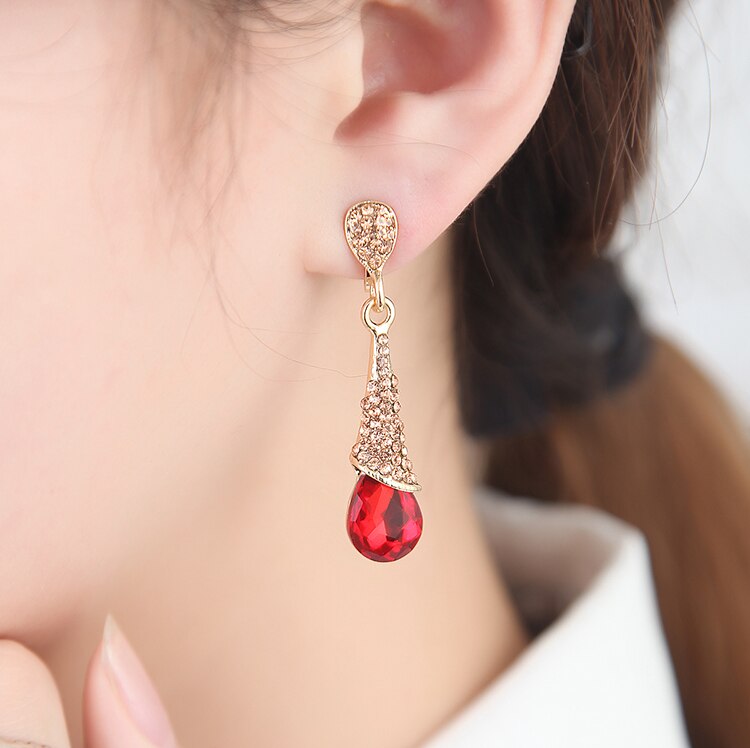 Korean Luxury Rhinestone Crystal Water Long Earrings Jewelry Bride Wedding Earrings Non Pierced Ear Clip Ear Cuff