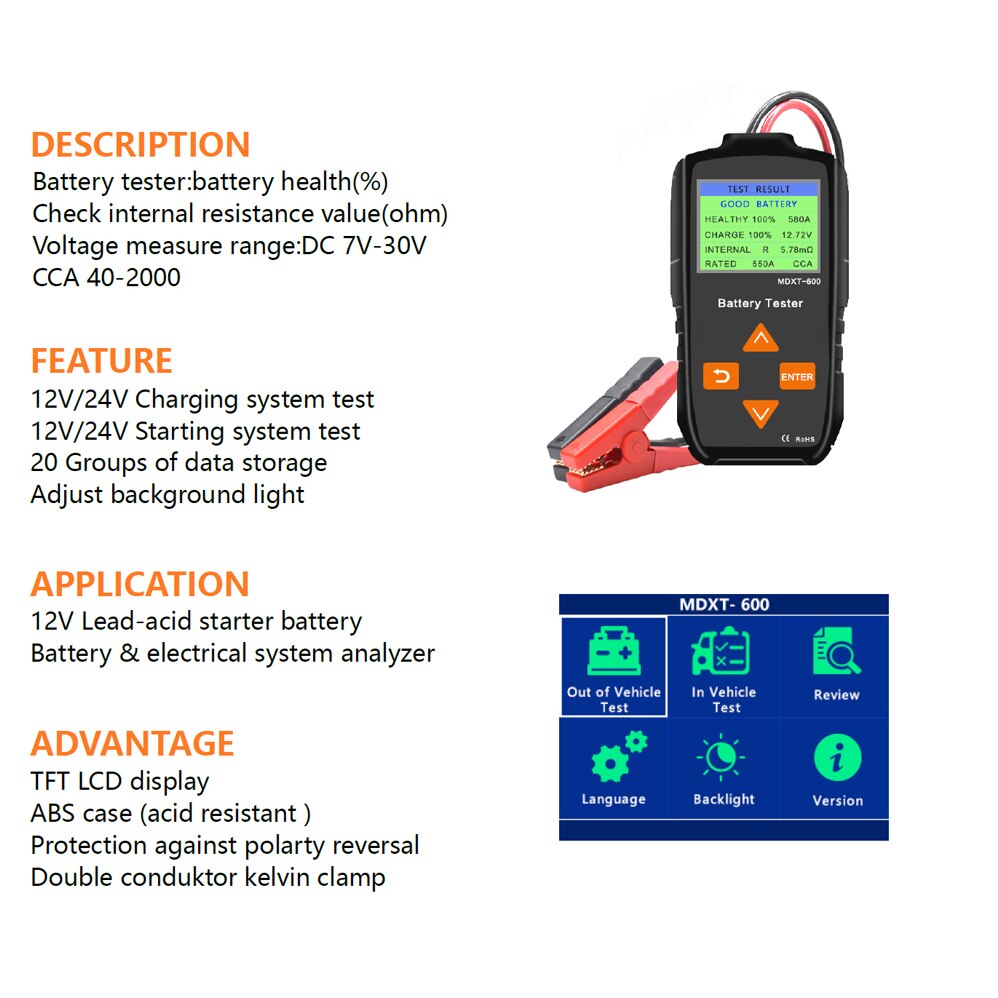 Automotivo Auto Battery Tester MDXT-600 with Color LCD Display 12V 24V Digital Car System Analyzer Truck Motorcycle Device