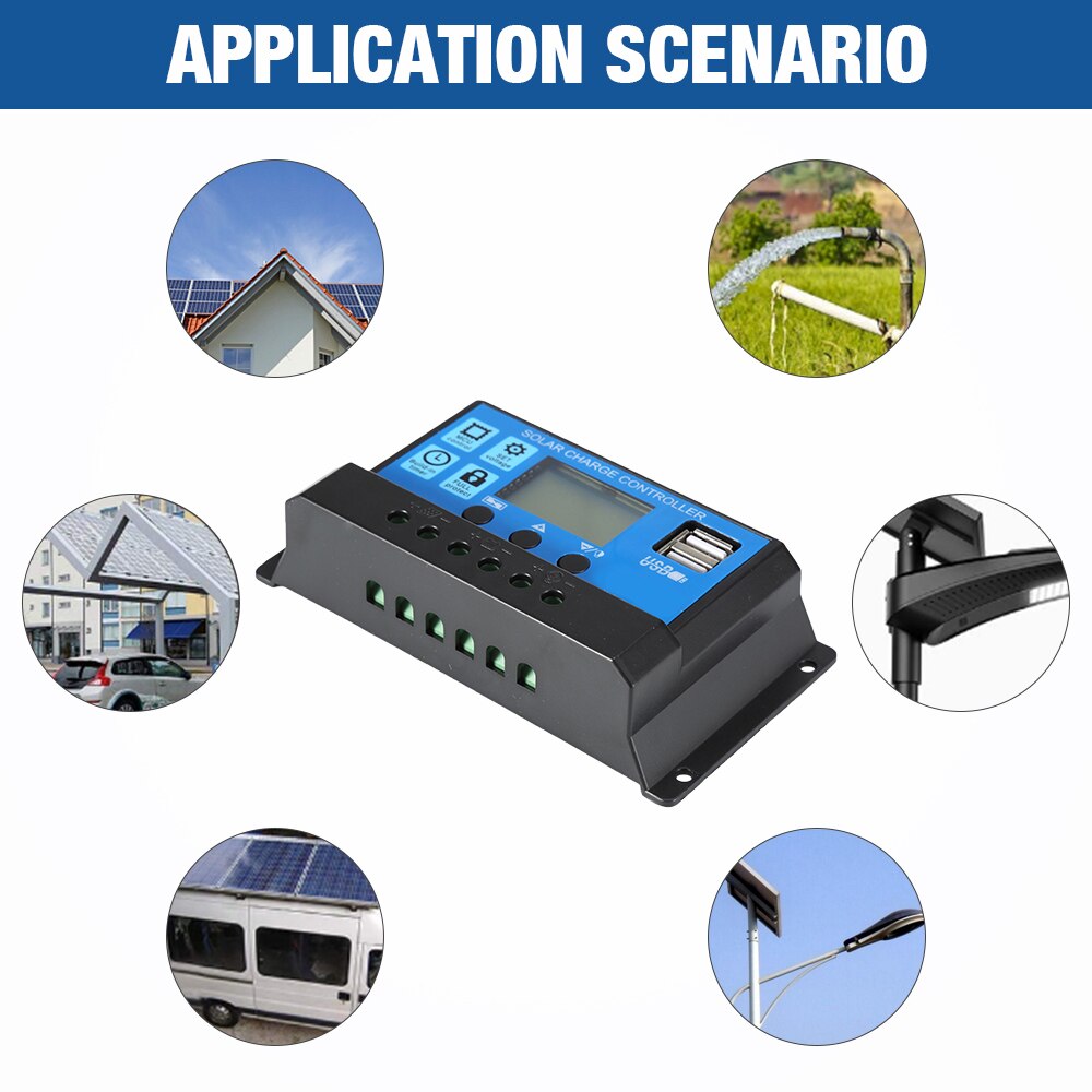 Contrôleur de Charge pour panneaux solaires, 12V/24V, 12V, 20a, 30a, 40a, 50a, 60a, PWM, régulateur automatique, sortie 5V, PV, chargeur de batterie domestique, LCD, double USB