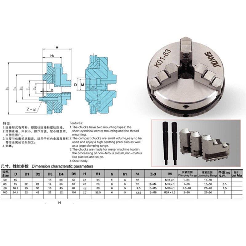 3 Jaw 63mm Manual Self-Centering Lathe Chuck 2'' Three Jaws Mini Chuck K01-63 Hardened Steel for CNC Wood Lathe