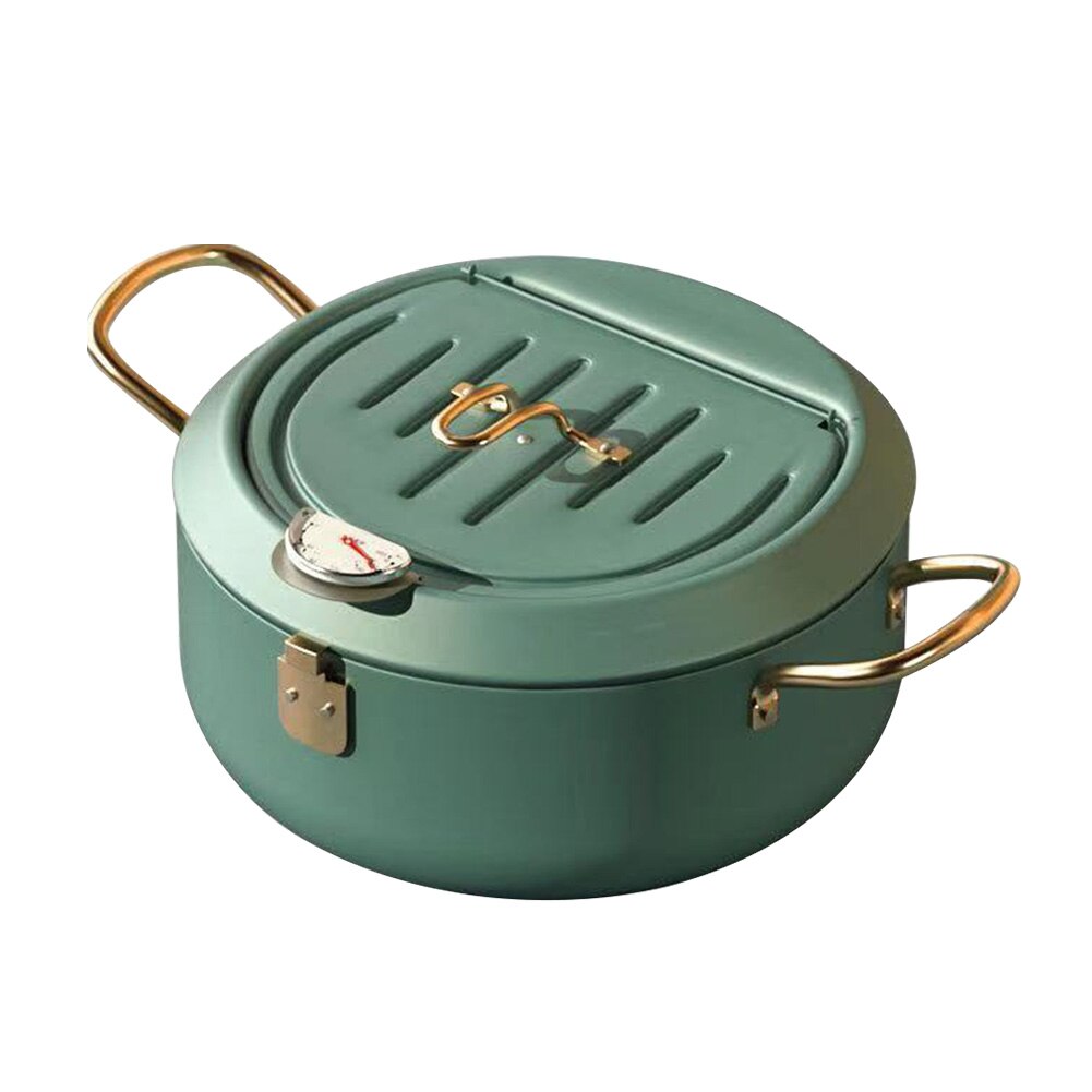 Home Temperature Control Carbon Steel With Thermometer Double Handle Kitchen For Induction Cooker Tempura Deep Fryer Lid: 24cm / Green