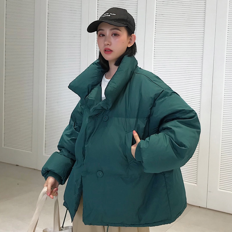 Vinterjacka i koreansk stil dam ståkrage solid svart vit kvinnlig dunjacka lös överdimensionerad kort parkas dam