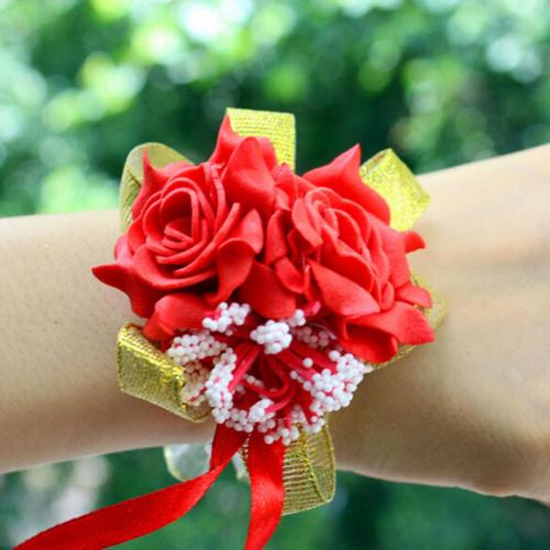 Mousse Rose fleurs mariée demoiselle d'honneur poignet Corsage mariage ruban Bracelet: Rouge