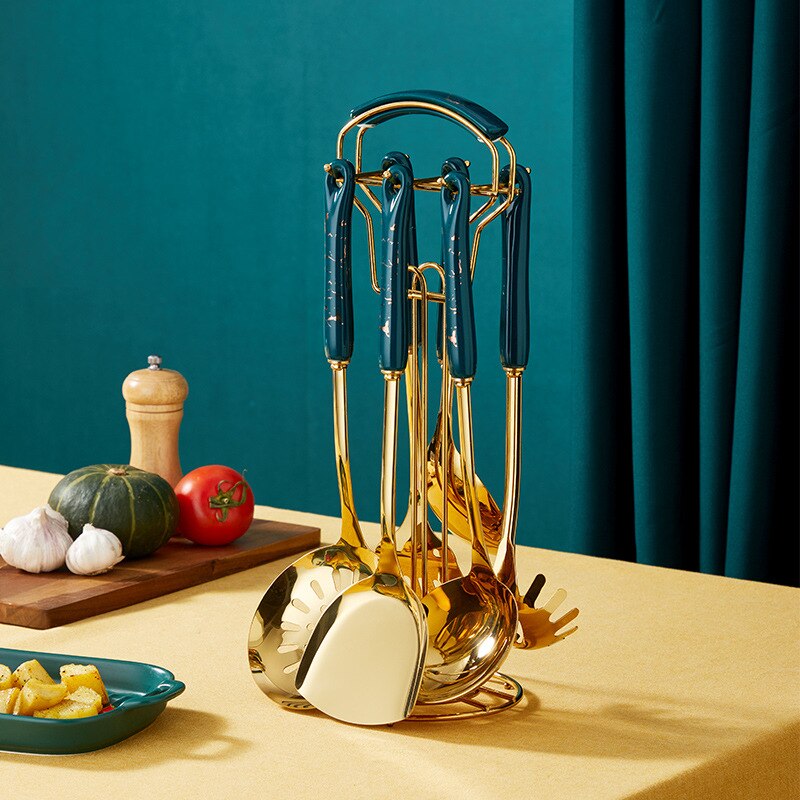 Dark green gold cooking pots set stainless steel cookware set non stick Spatula Shovel spoon kitchen utensils accessories set: green 7PC