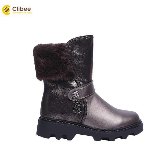 Clibee Warm Winter Kids Laarzen Meisjes Waterdichte Thicken Sole Wollen Voering Laarzen Kinderen Hoge Kalf Schoenen Met Rits Maat 32-37: BROWN / 32
