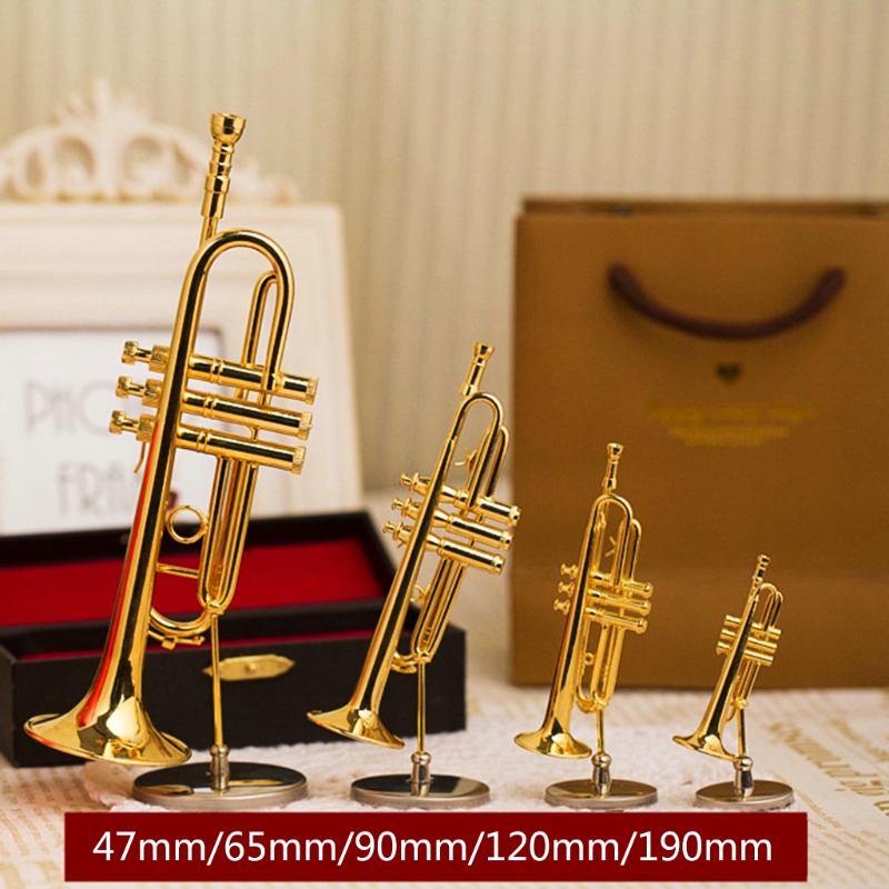 Mini Trombone Trompet Saxofoon Koperen Vergulde Model Ornament Met Stand &amp; Box Voor Miniatuur Musical Woondecoratie