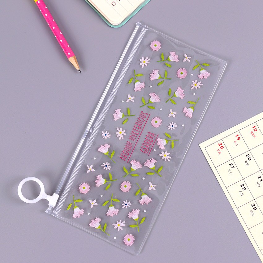 Kawaii Kleine Bloemen Dieren Etui Leuke Transparante PVC Potlood Tas Voor Meisjes Kids Kinderen School Leveranties Briefpapier: Pink flowers
