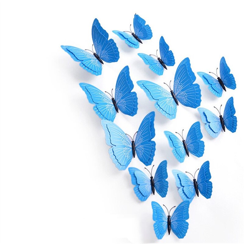 Autocollant mural papillon 3D Double couche, 12 pièces, pour la décoration de la maison, aimant pour réfrigérateur, colle gratuite: Blue B