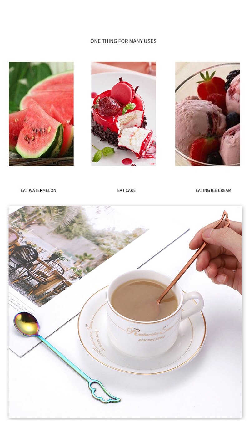 Stainless Steel Spoons Lovely Wing Shape Coffee Cup Spoon Ice Cream Dessert Teaspoon Hanging Scoop Tableware 15cm，1PC